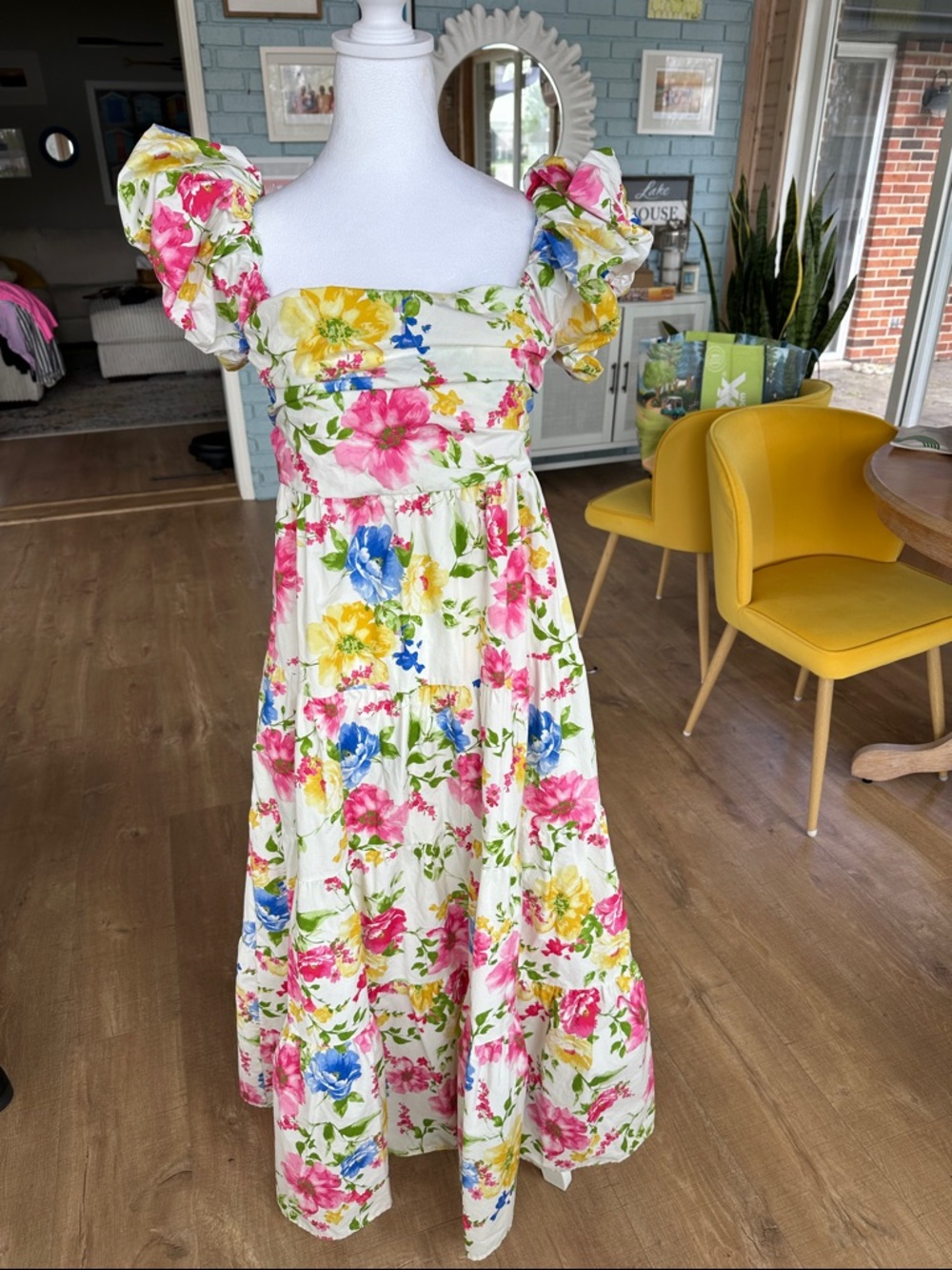 Altar'd State Floral Midi Dress in White with Pink, Yellow & Blue Flowers